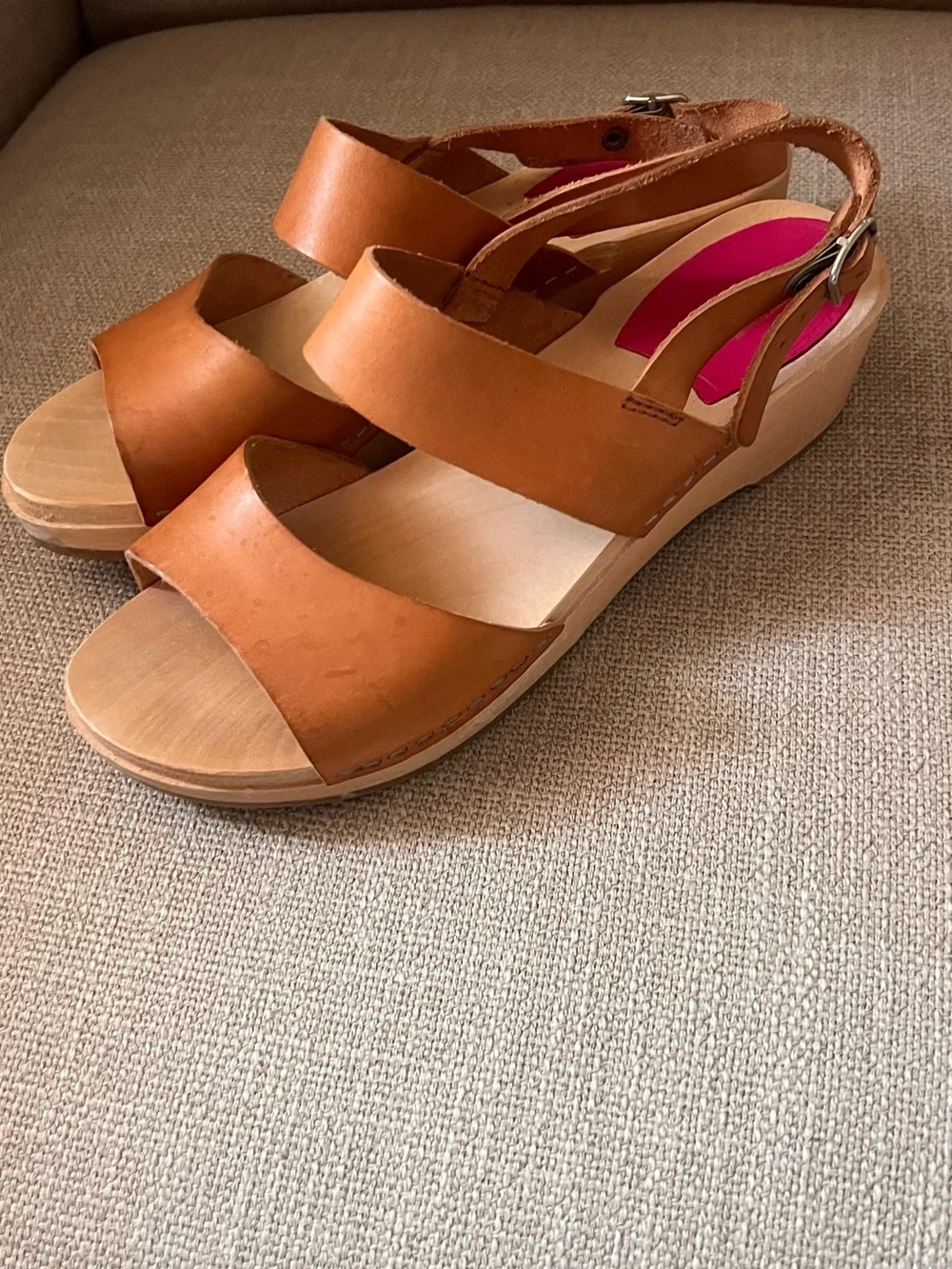 Swedish Hasbeens Cognac Leather Wedge Sandals SIZE 38. Fits like a 7.5